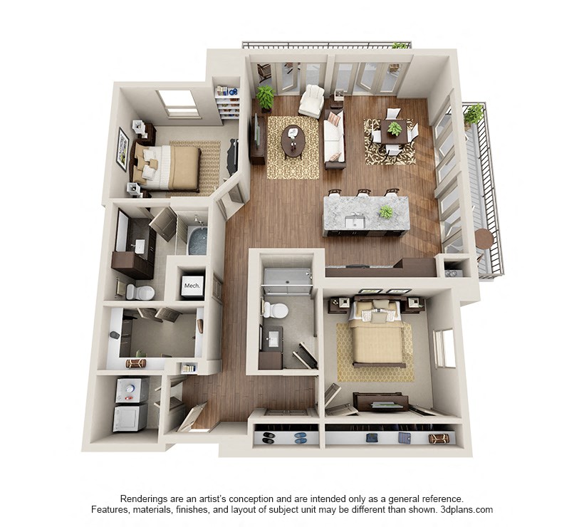 Floor plan for 2 beds, 2 baths, 1236 sqft